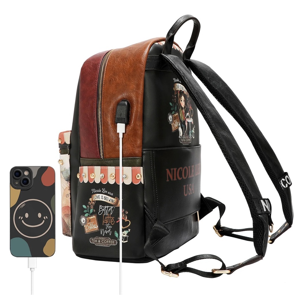 Nicole Lee Black & Brown Cafe Print Backpack - Picture 4 of 12